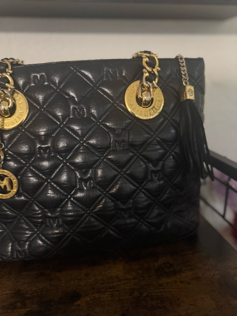 Metro City Black Quilted Leather Tote with Gold Chain straps. - Picture 9 of 10